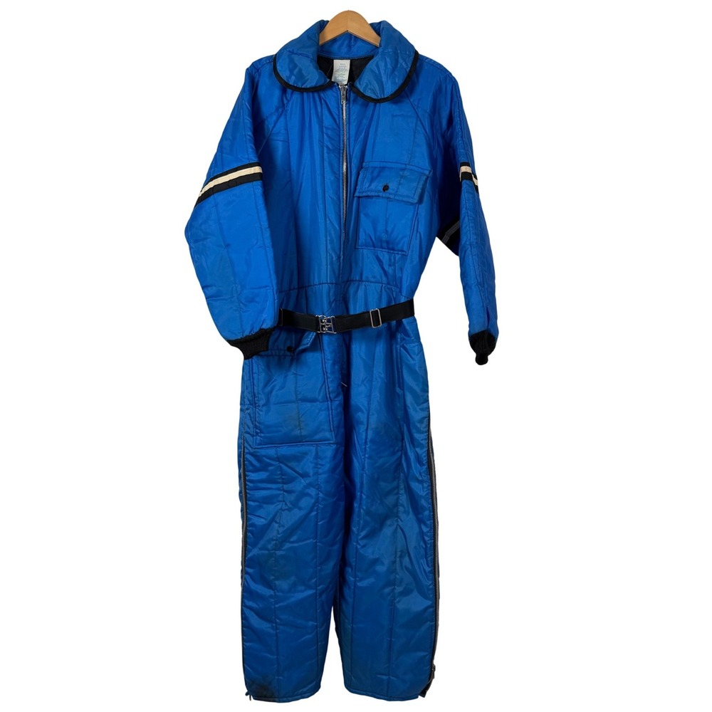VTG JCPenney Snowmobile Ski Suit Men L Blue Coveralls Hood Belted Retro Gorpcore
